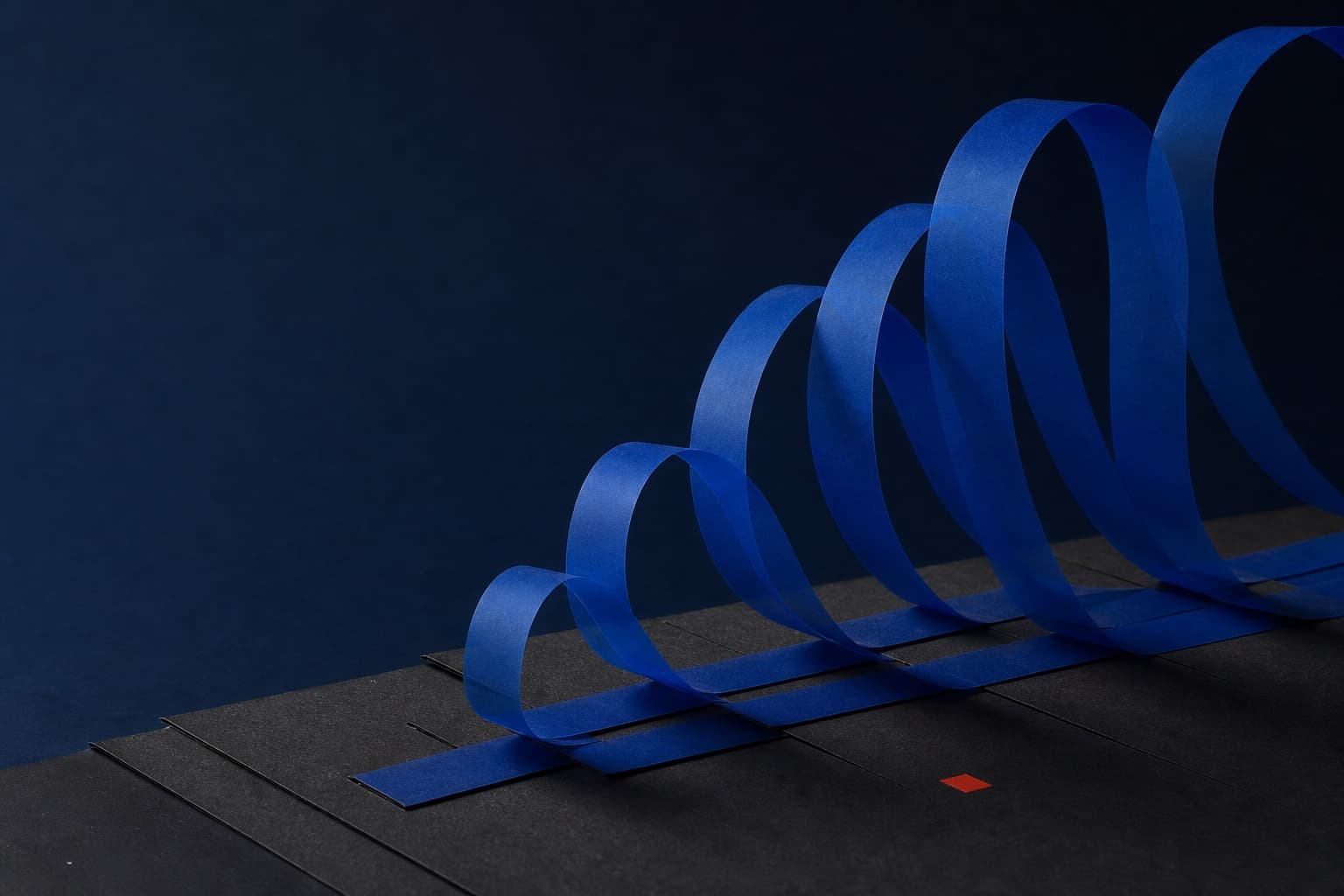 A rising sequence of hand-shaped cobalt paper ribbons on graphite board.